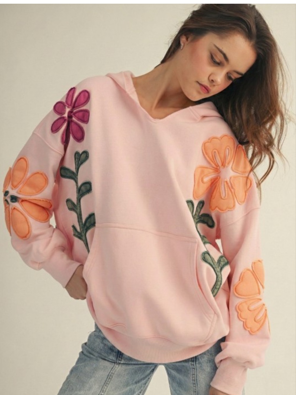 BF91-(SHIPPED) PINK 🩷🌸 Artisan Bloom Hoodie with Floral Patchwork
